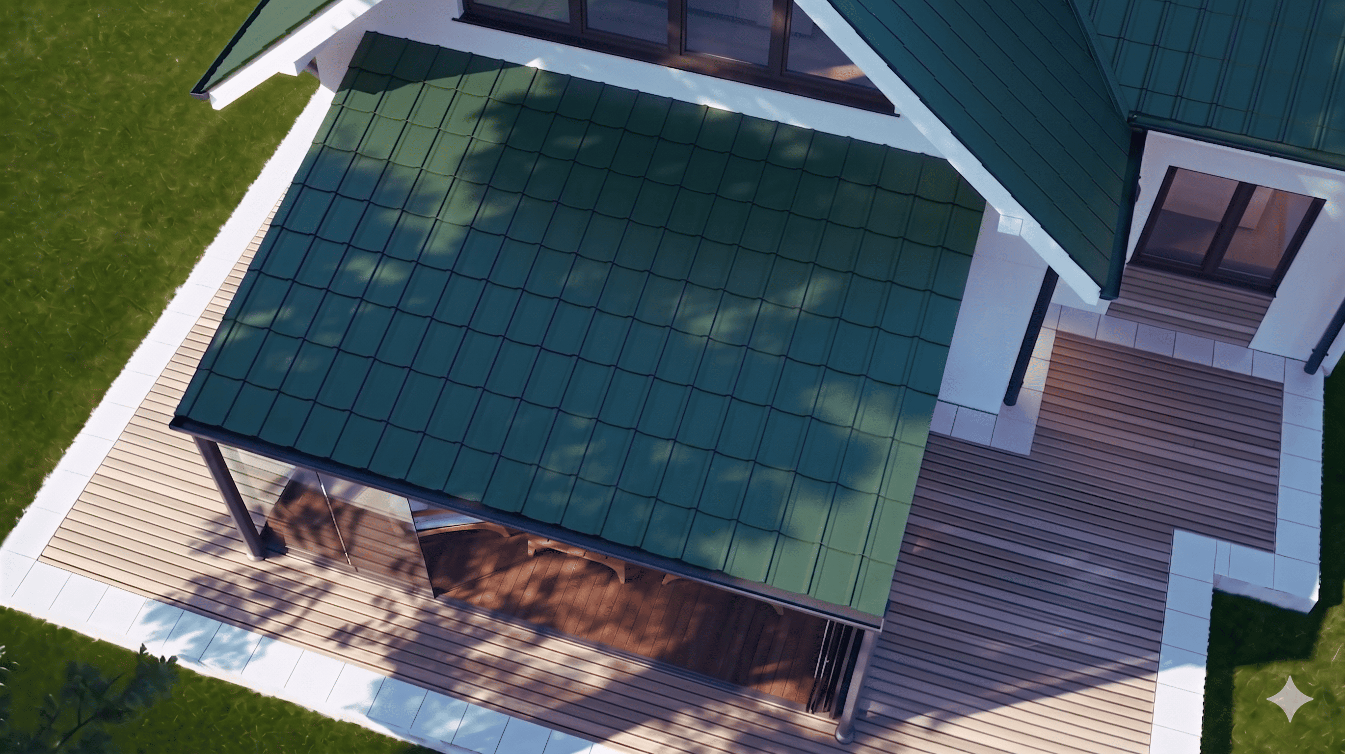 Same roof, deep forest green tiles