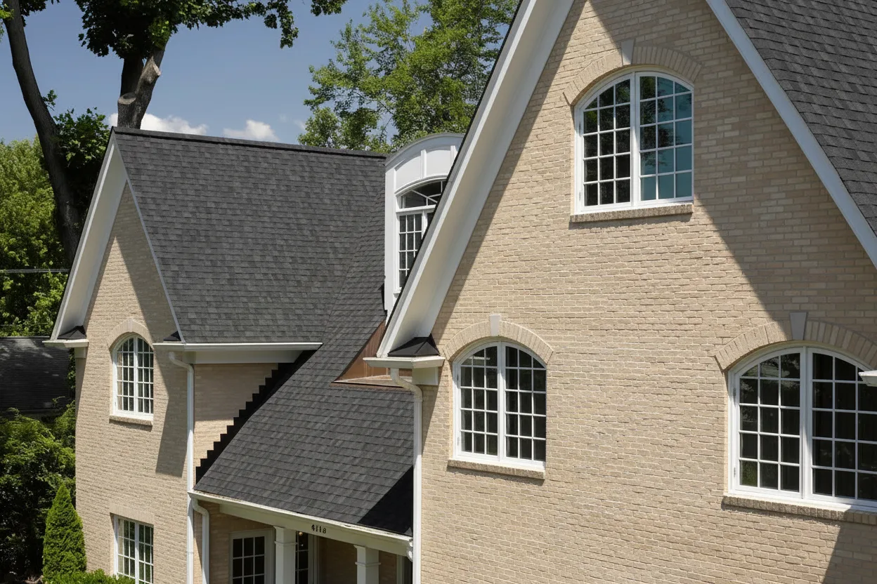 Beige house with Black roof using Landmark Charcoal Black