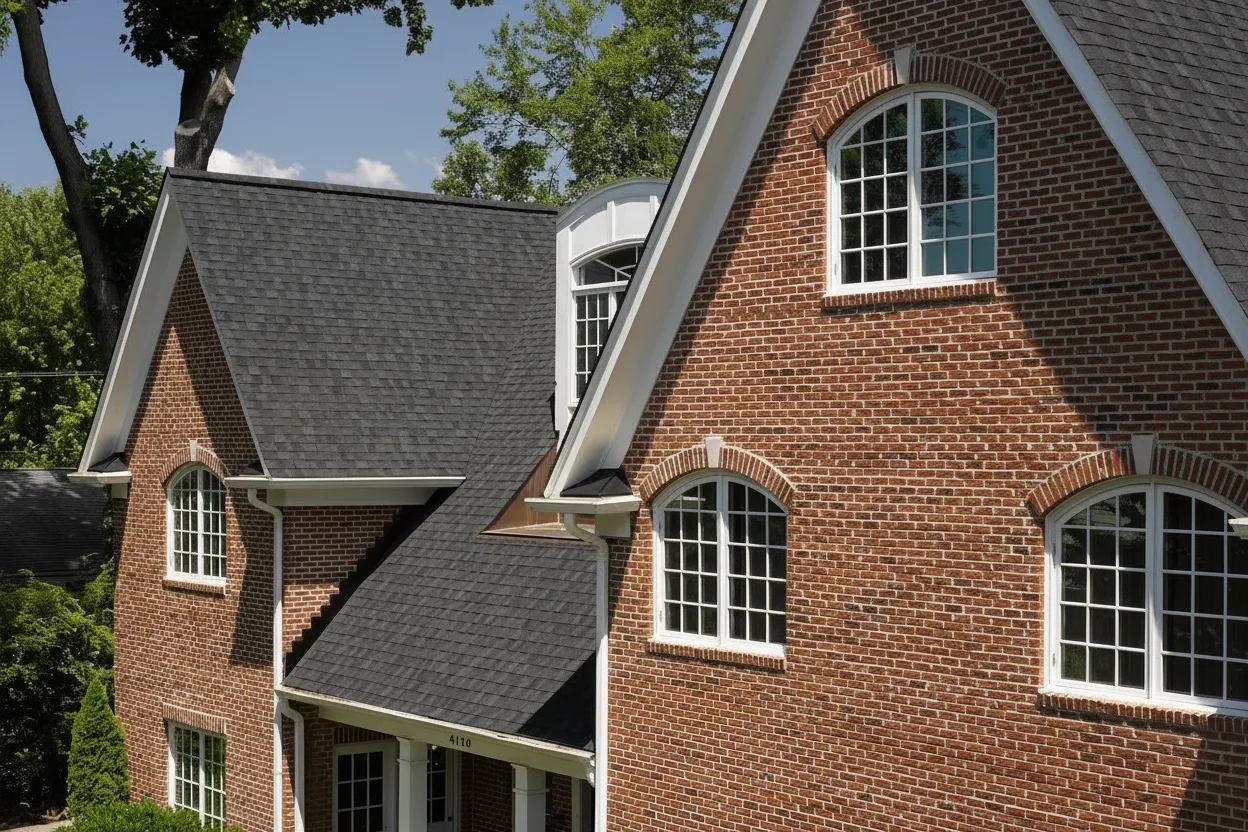 Brick Red house with Black roof using Landmark Charcoal Black