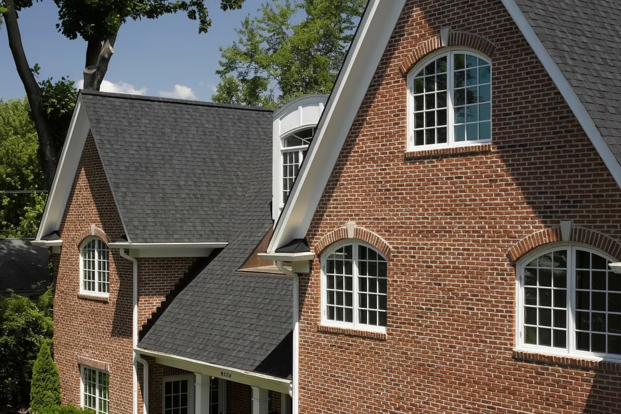 Brown house with Black roof using Landmark Charcoal Black
