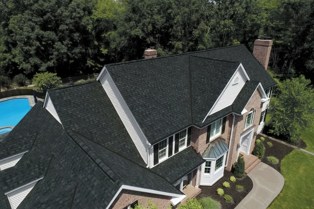Brown house with Black roof using Dynasty Granite Black