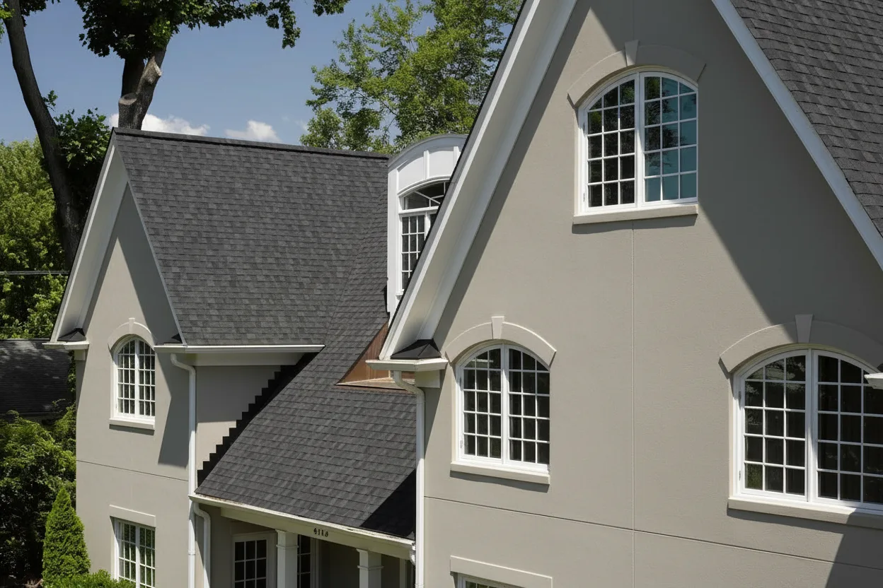 Greige house with Black roof using Landmark Charcoal Black