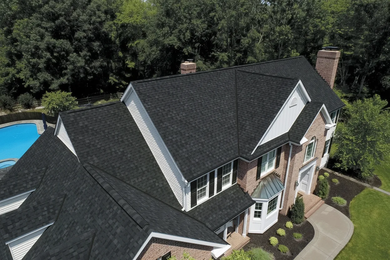 Greige house with Black roof using Dynasty Granite Black