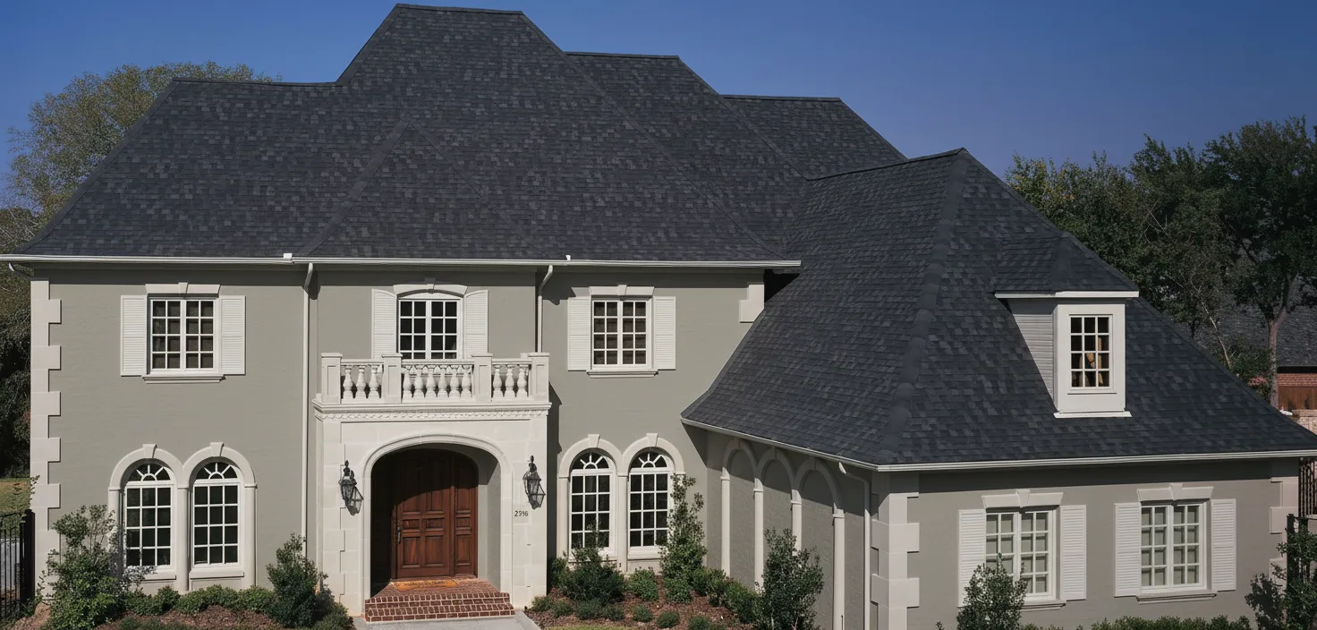Greige house with Black roof using Heritage Rustic Black