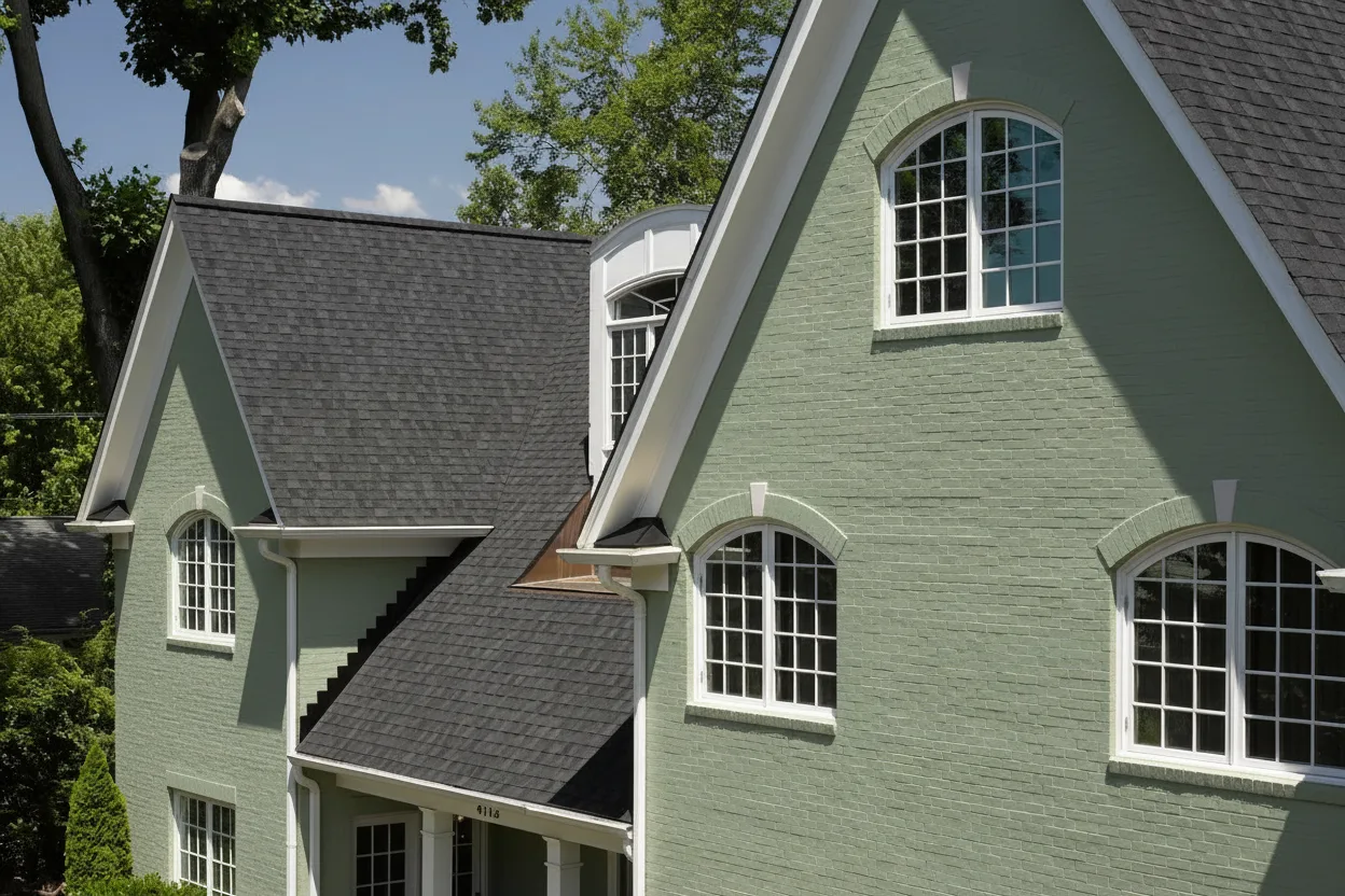 Sage Green house with Black roof using Landmark Charcoal Black