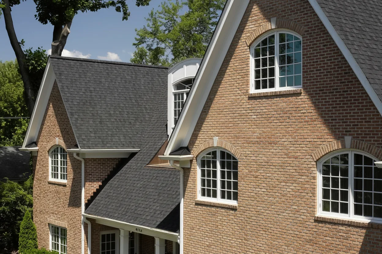 Tan house with Black roof using Landmark Charcoal Black