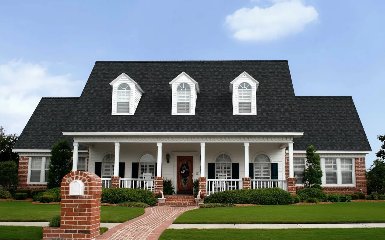 Tan house with Black roof using Duration Onyx Black