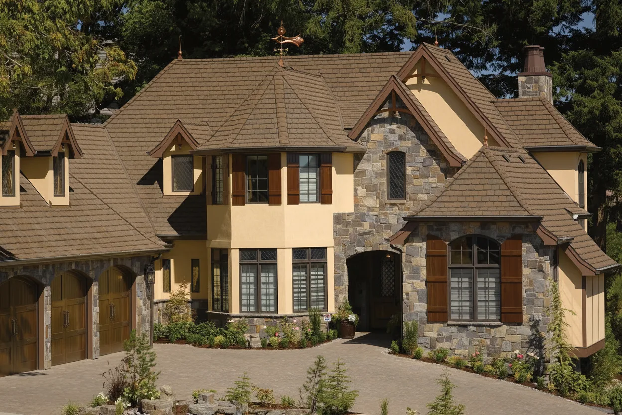Tan house with Brown roof using Grand Manor Brownstone
