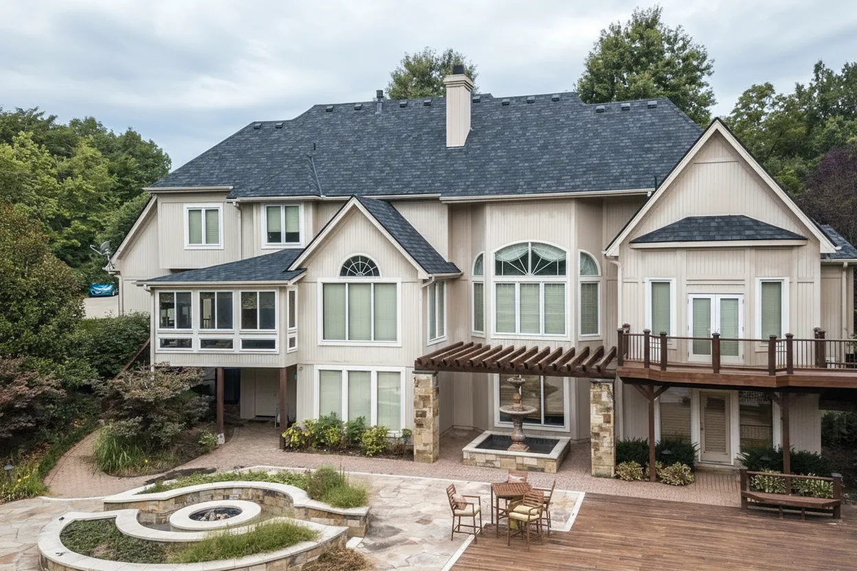 Tan house with Charcoal roof using Belmont Black Granite