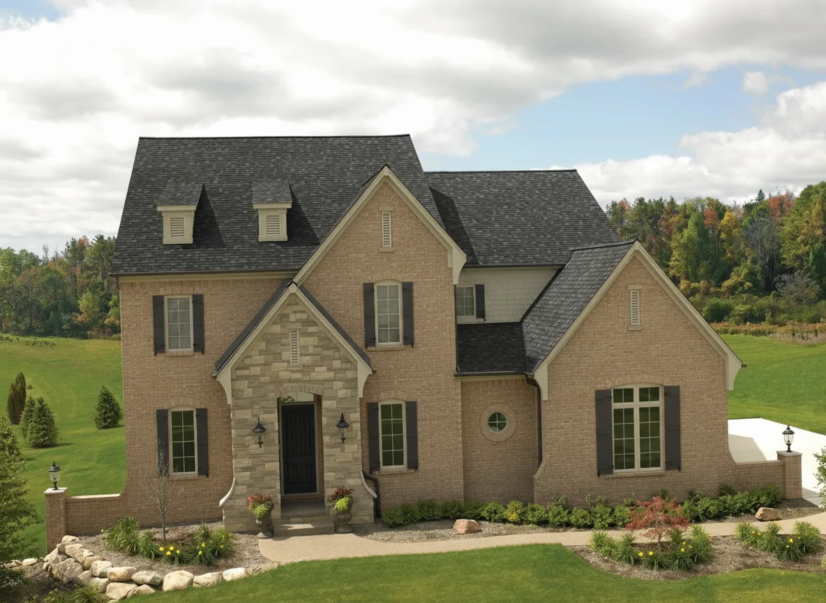 Tan house with Charcoal roof using Cambridge Harvard Slate