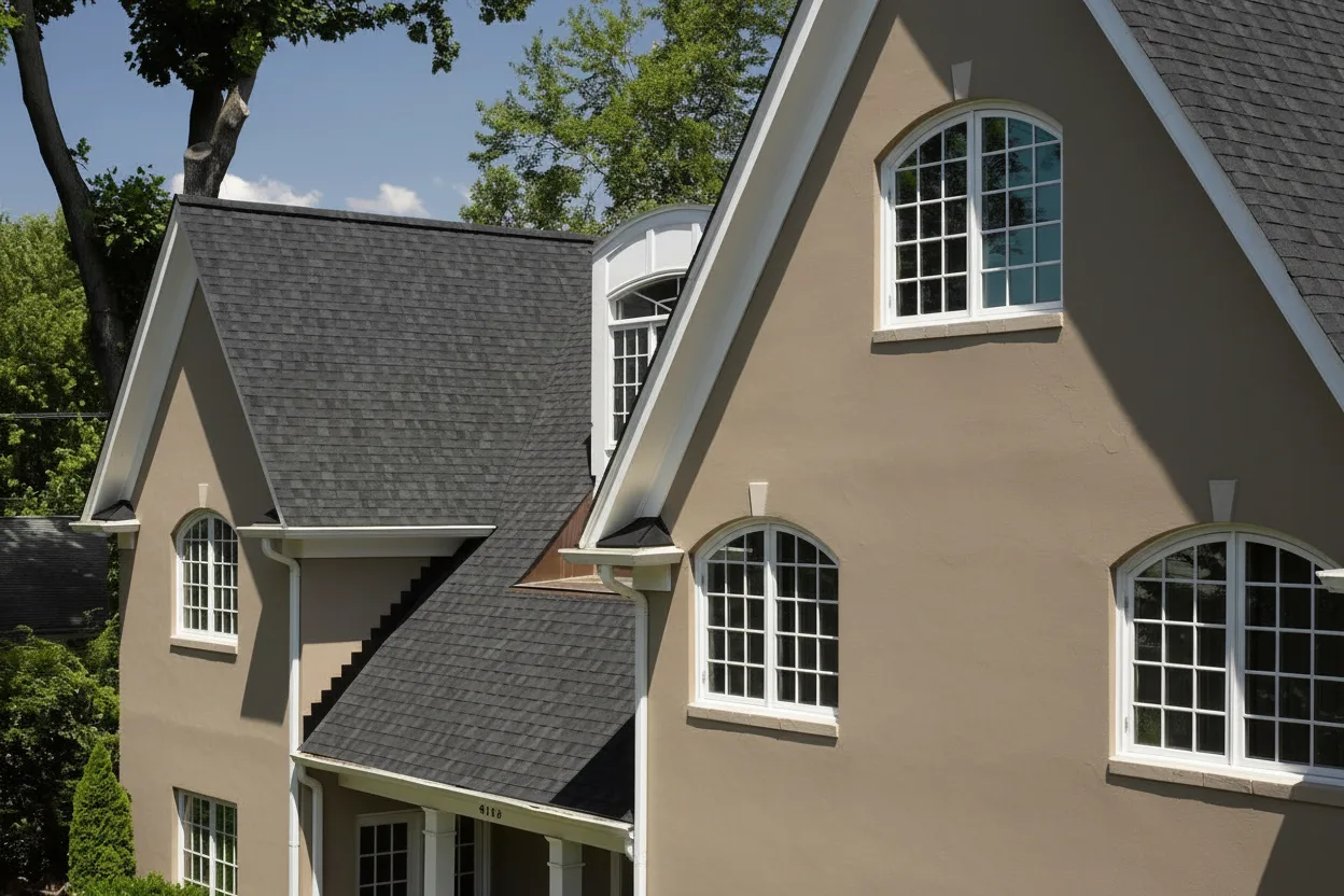 Taupe house with Black roof using Landmark Charcoal Black