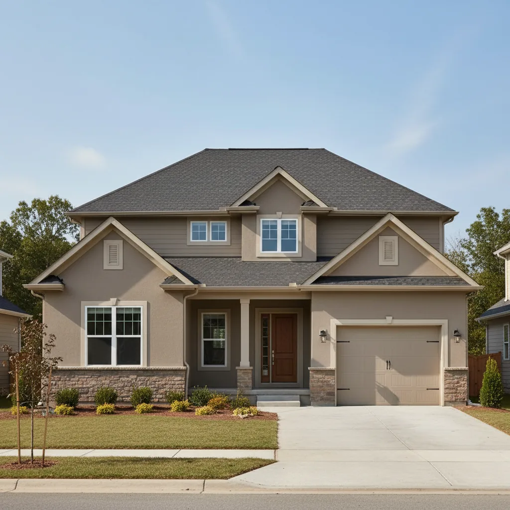 Taupe house with Black roof using Royal Estate Shadow Slate