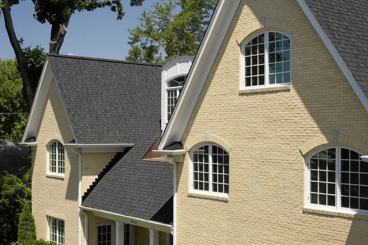 Yellow house with Black roof using Landmark Charcoal Black