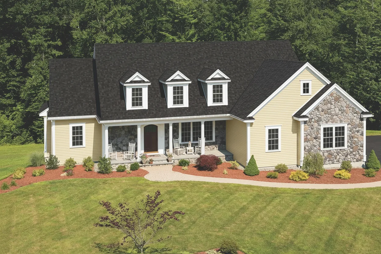 Yellow house with Black roof using Cambridge Dual Black