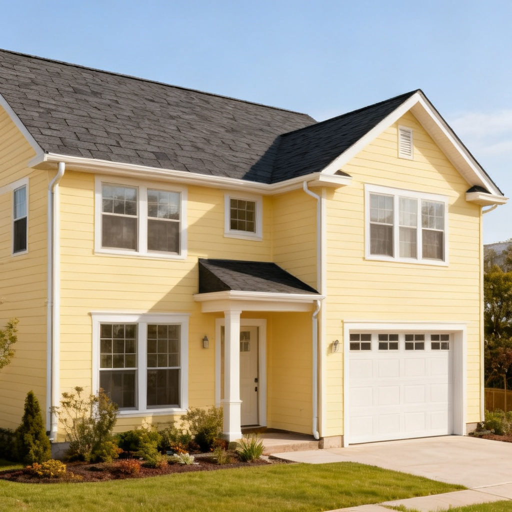 Yellow house with Black roof using Royal Estate Shadow Slate