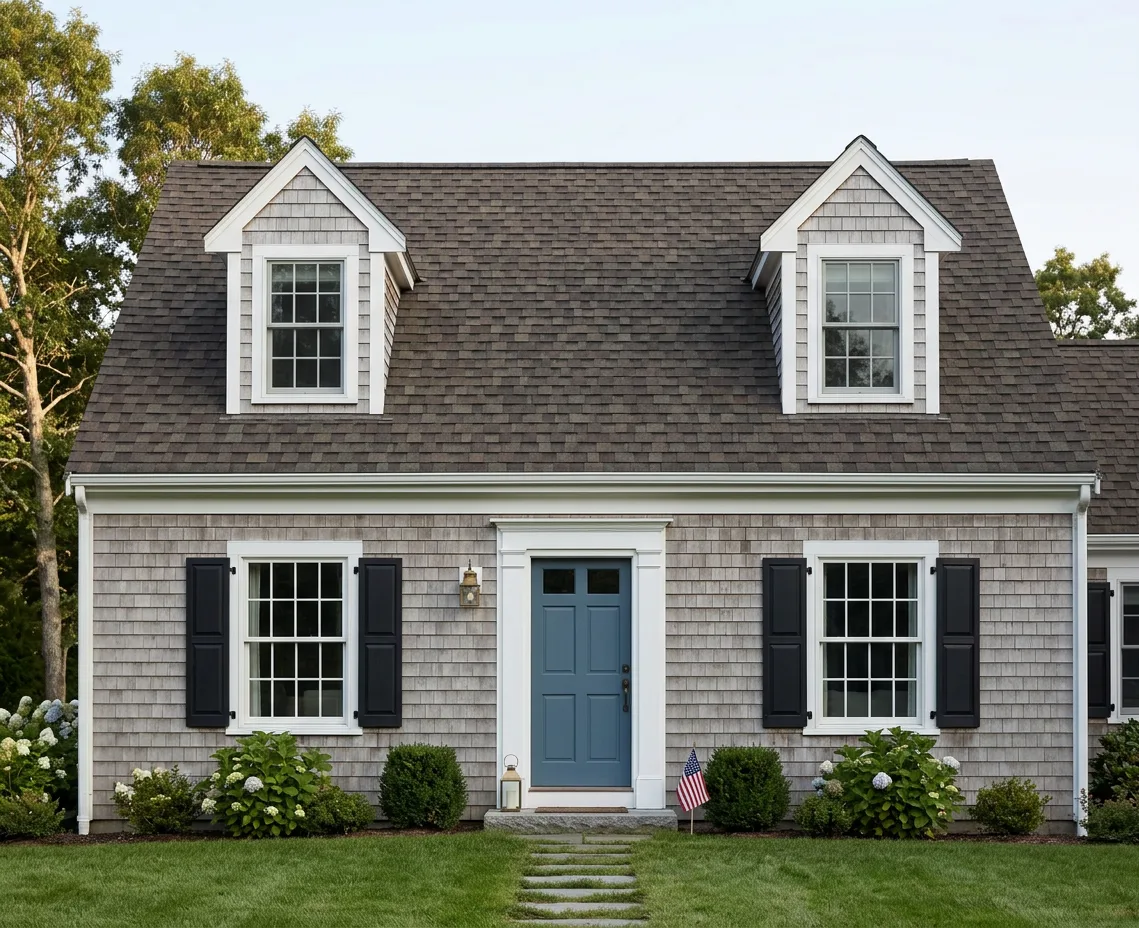 Cape Cod home with brown roof