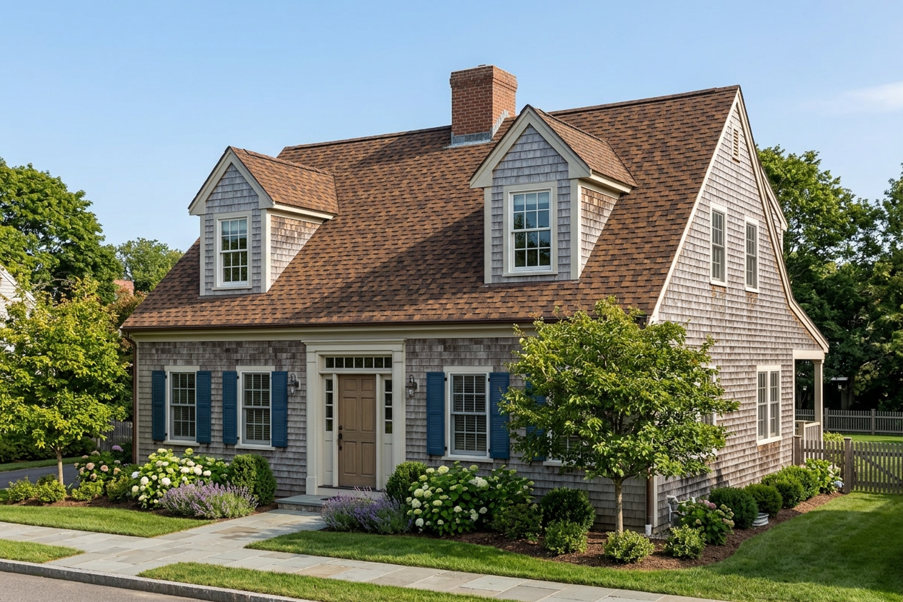 Cape Cod home with Brown roof -- CertainTeed Presidential Shake Aged Bark (right-34)