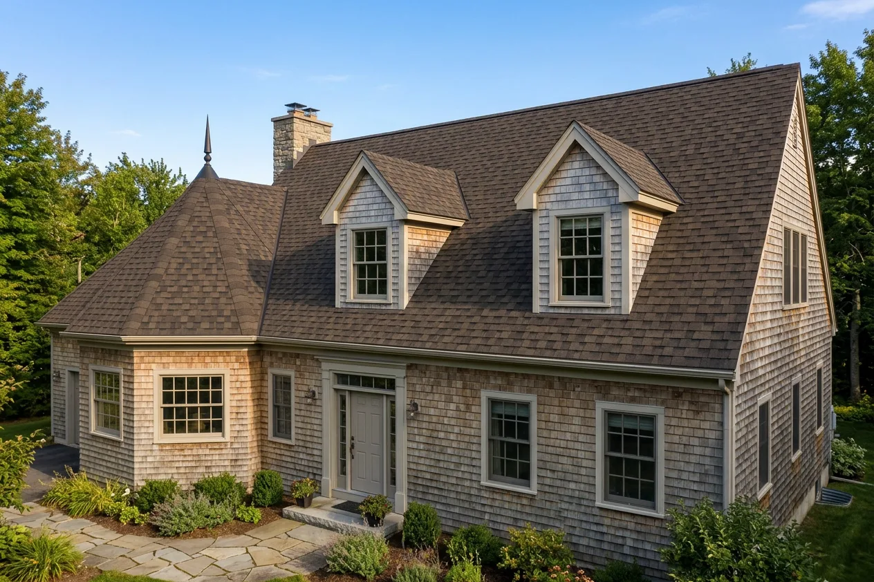 Cape Cod home with Brown roof -- IKO Dynasty Shadow Brown (right-34)