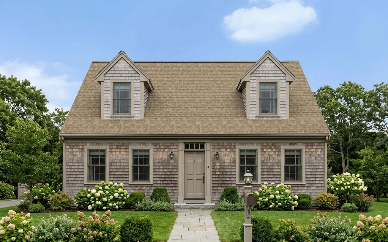 Cape Cod home with Brown roof -- Owens Corning Duration Sand Castle (front)