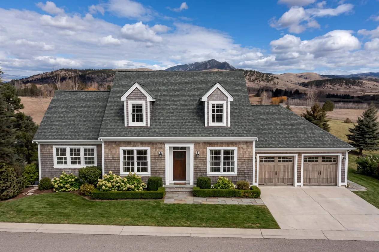 Cape Cod home with Charcoal roof -- Malarkey Legacy Storm Grey (front)