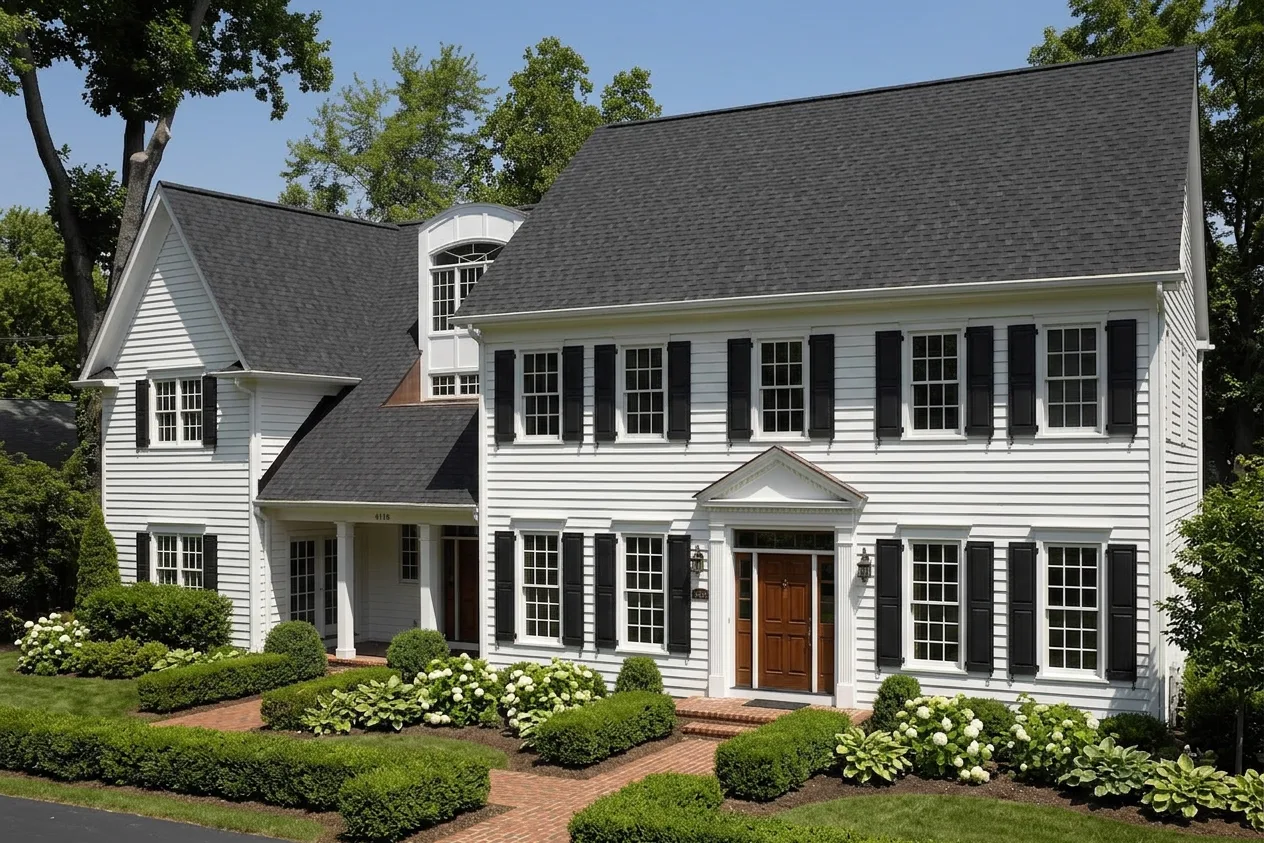 Colonial home with Black roof -- CertainTeed Landmark Charcoal Black (left-34)