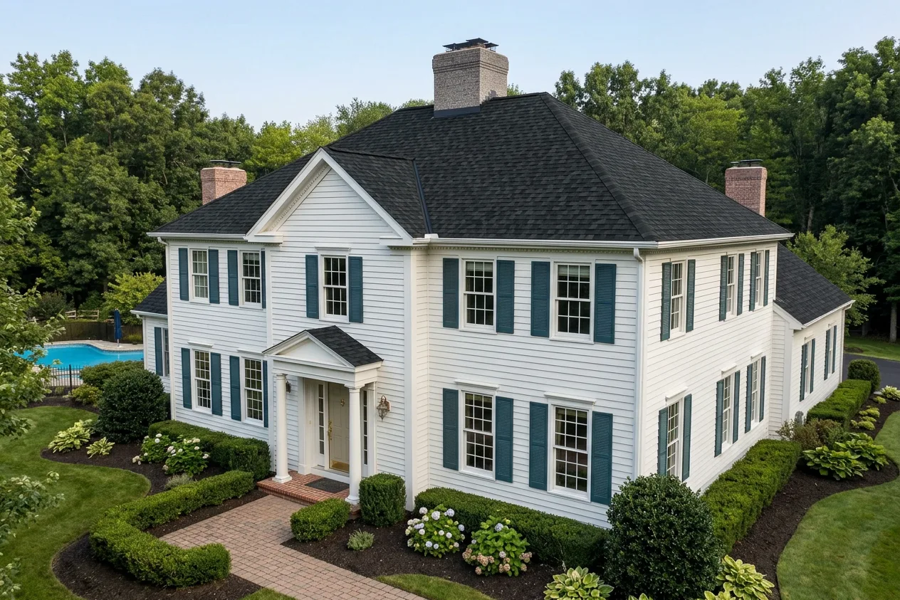 Colonial home with Black roof -- IKO Dynasty Granite Black (right-34)