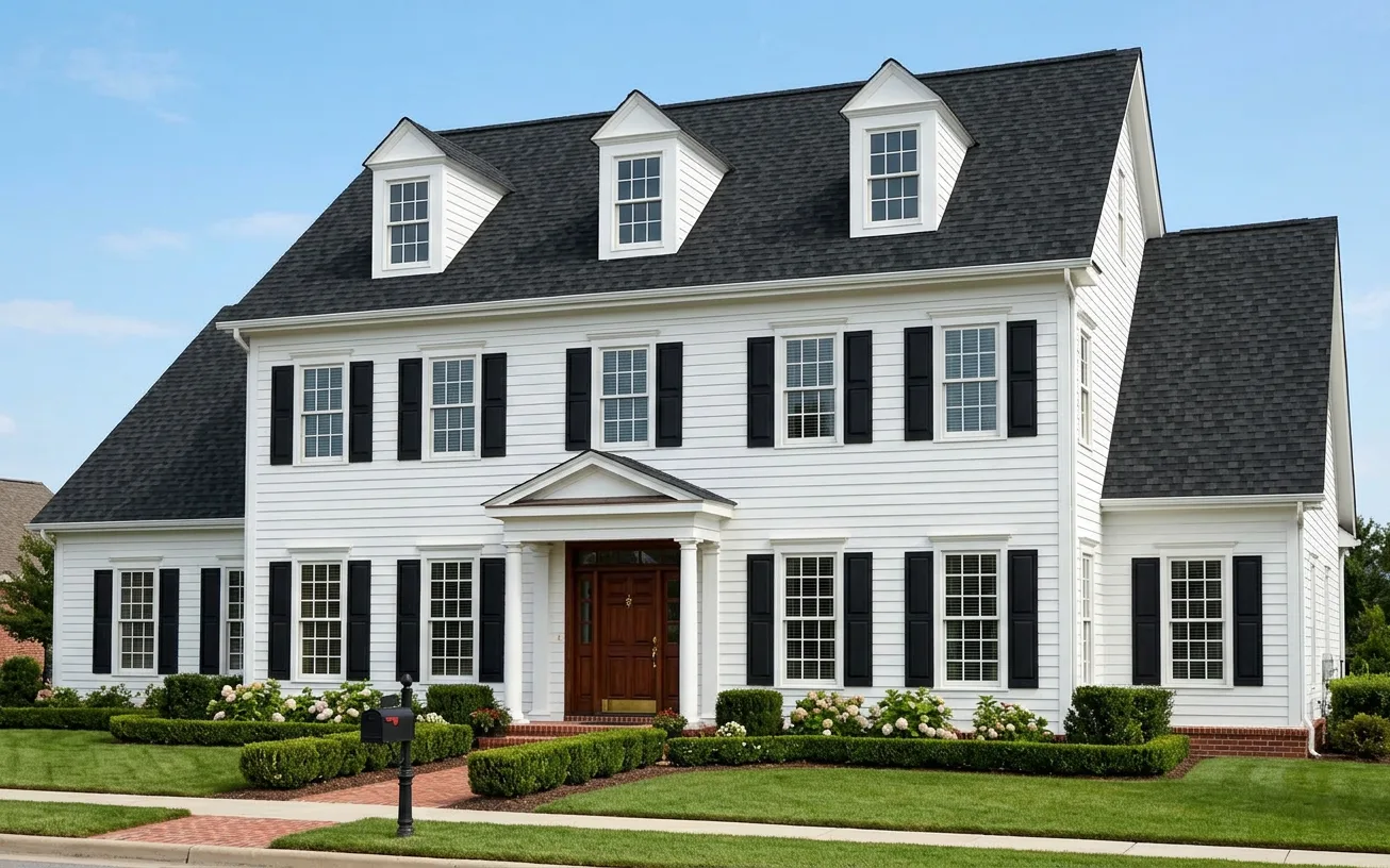 Colonial home with Black roof -- Owens Corning Duration Onyx Black (right-34)