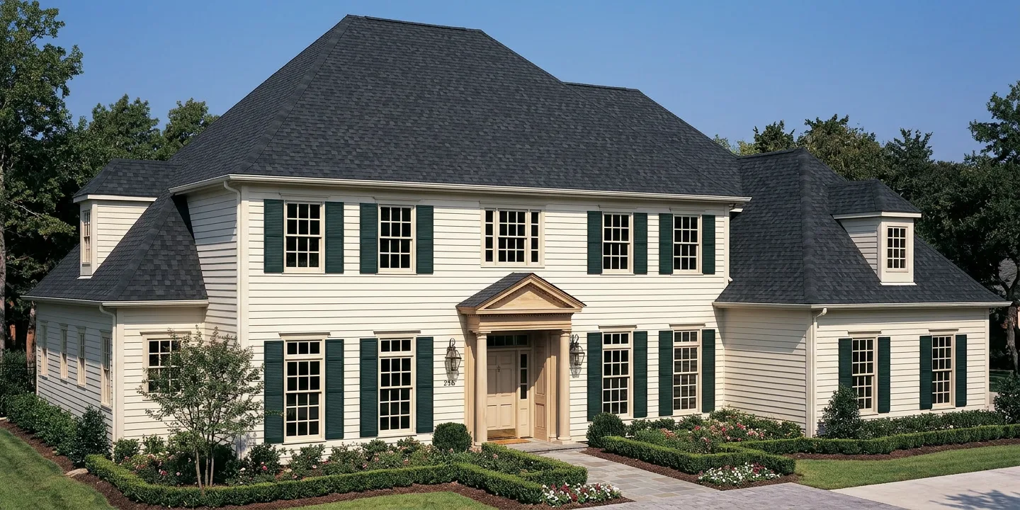 Colonial home with Black roof -- TAMKO Heritage Rustic Black (left-34)