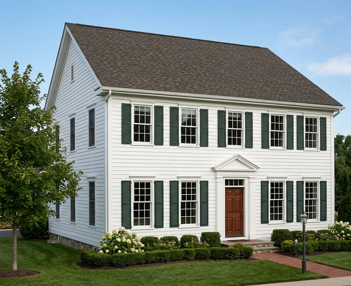 Colonial home with Brown roof -- Atlas Pinnacle Pristine WEATHERED SHADOW (left-34)