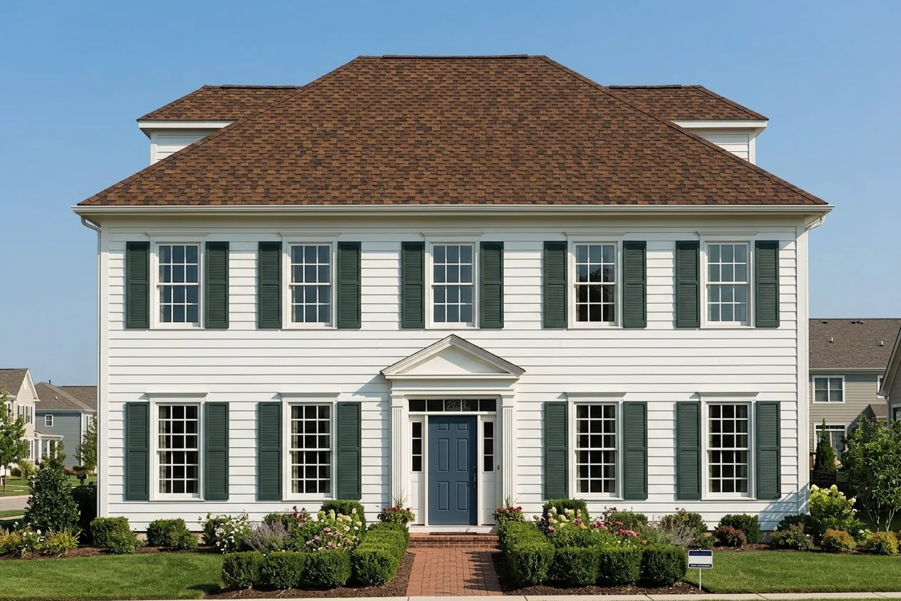 Colonial home with Brown roof -- CertainTeed Presidential Shake Aged Bark (front)