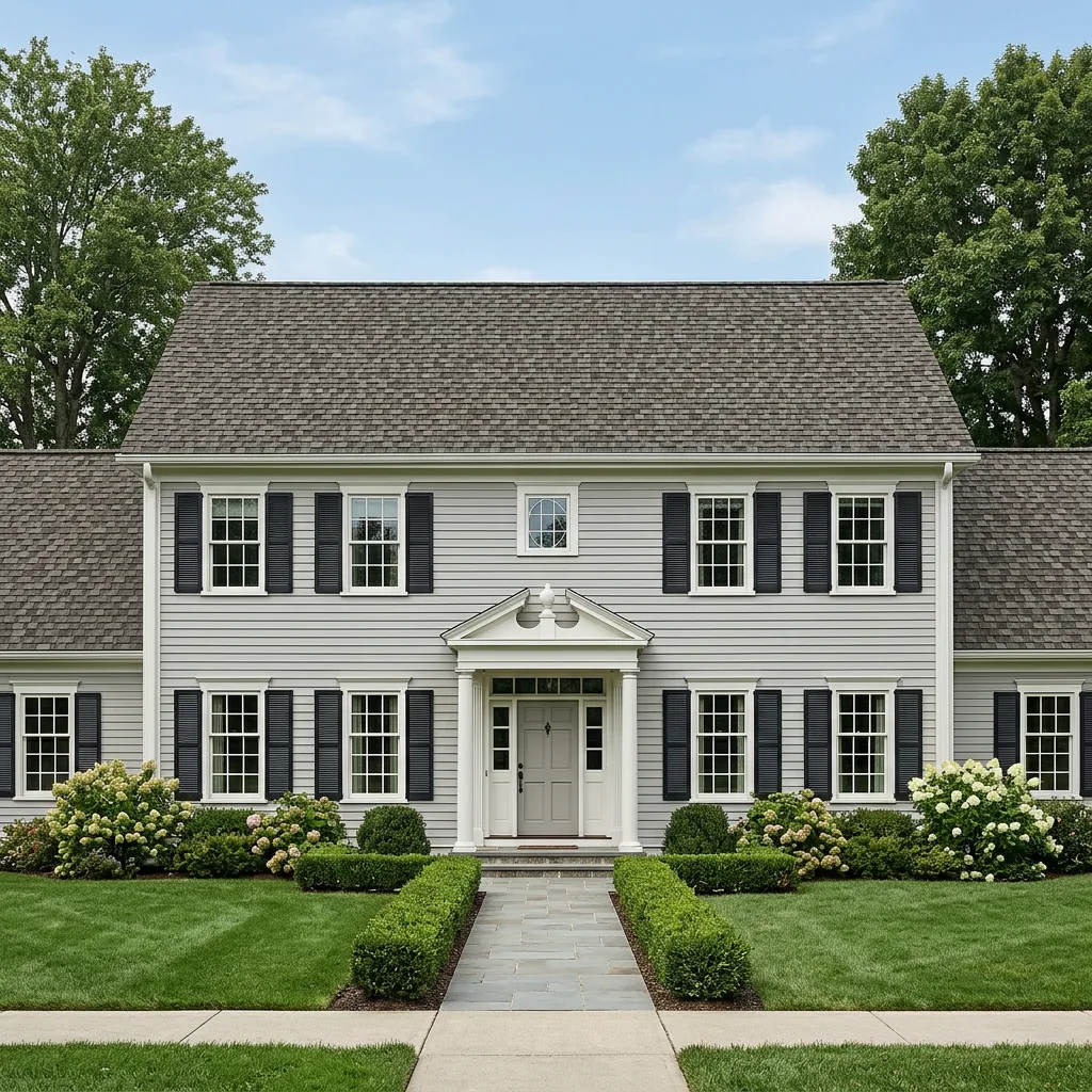 Colonial home with Brown roof -- IKO Royal Estate Harvest Slate (front)