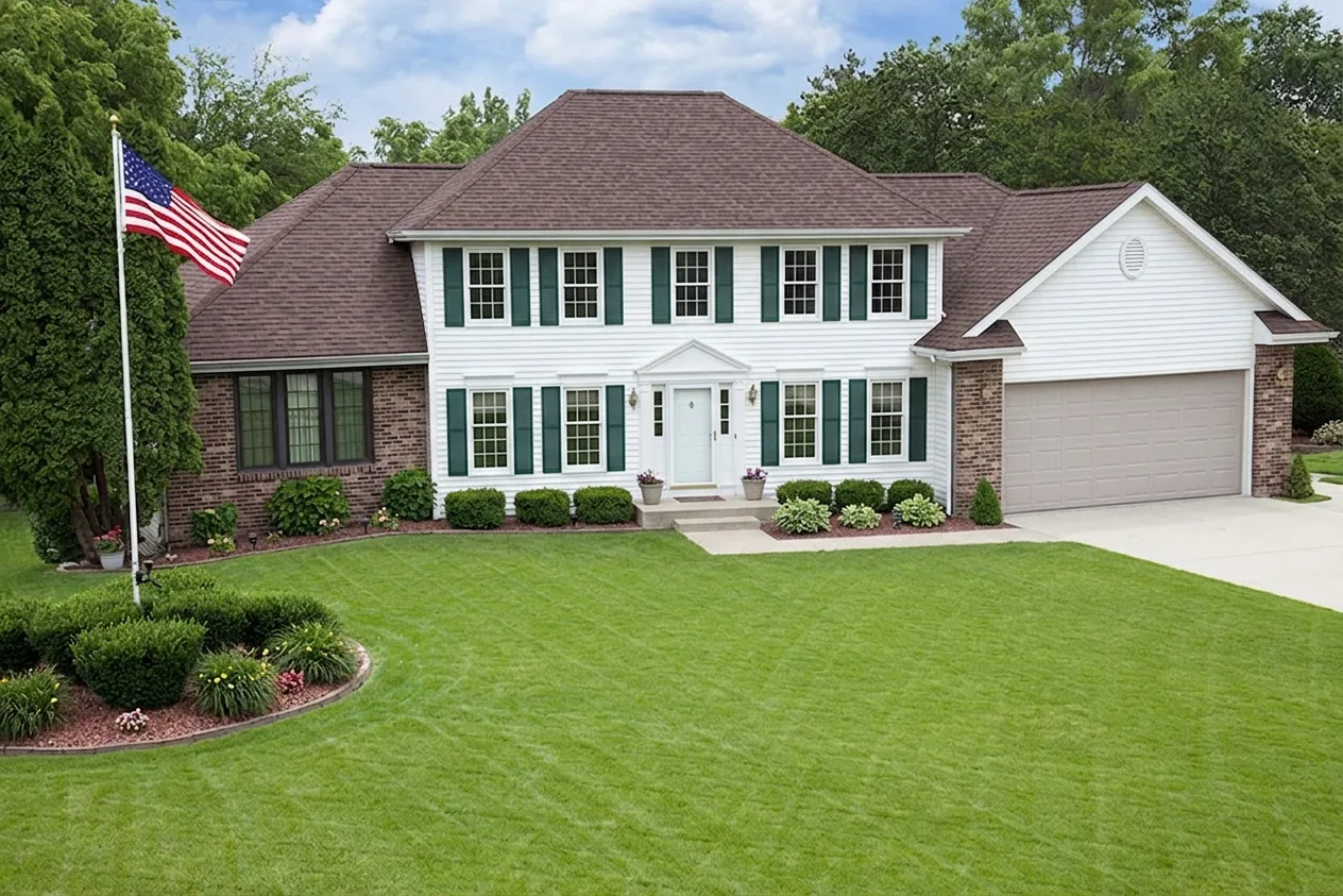 Colonial home with Brown roof -- Malarkey Vista Antique Brown (front)