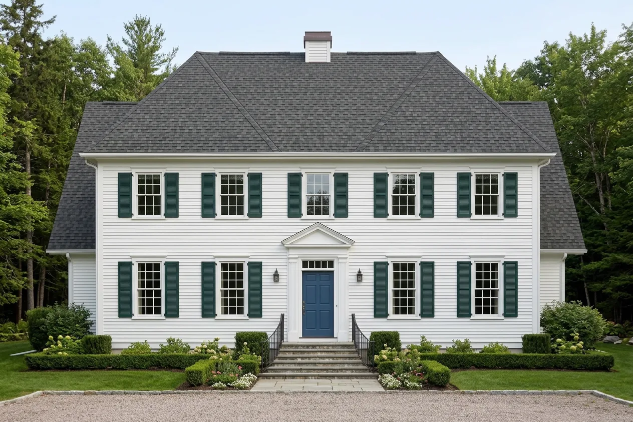 Colonial home with Weathered Wood roof -- IKO Dynasty Driftshake (front)