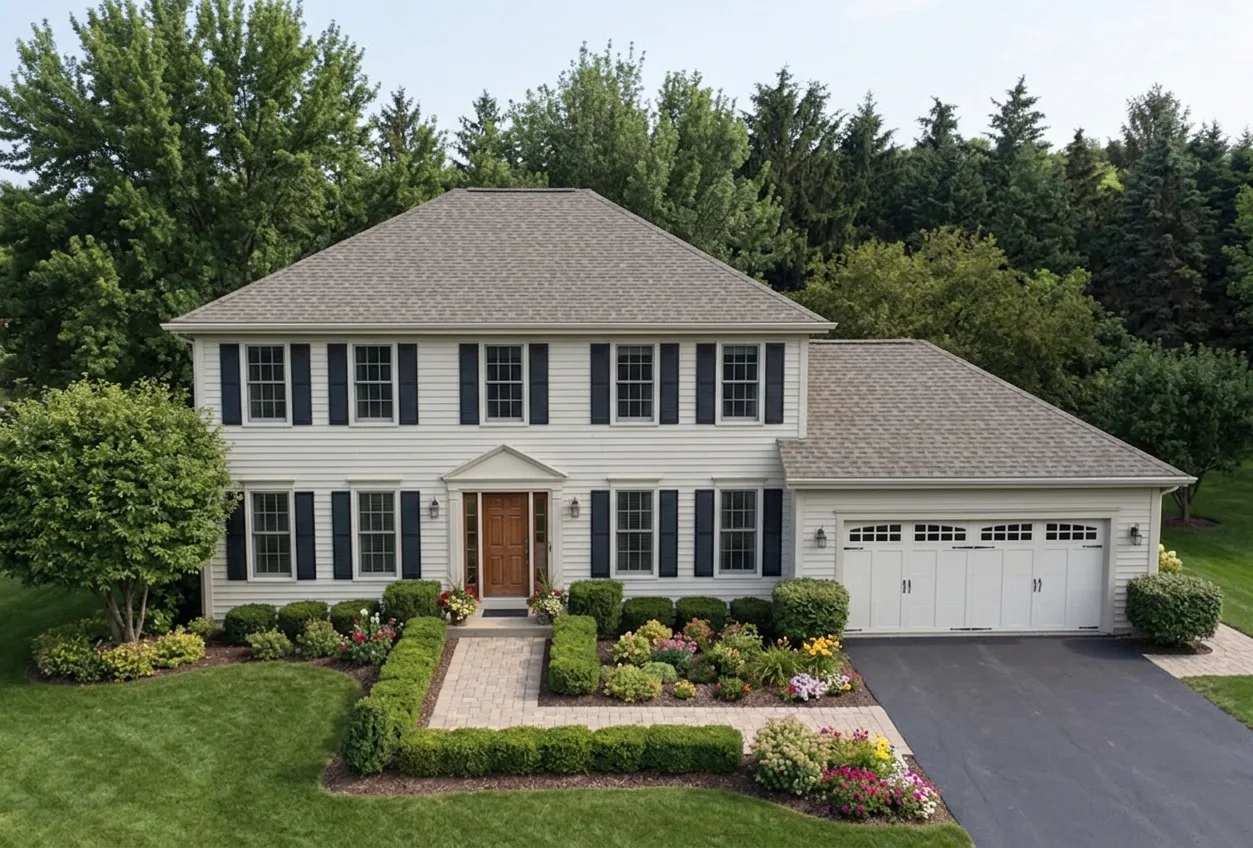 Colonial home with Weathered Wood roof -- Malarkey Vista Weathered Wood (front)
