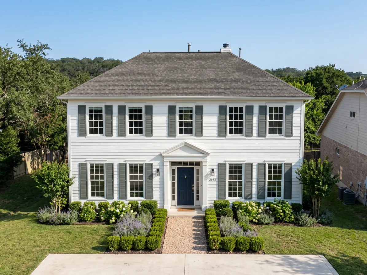 Colonial home with Weathered Wood roof -- Owens Corning Oakridge Driftwood (front)