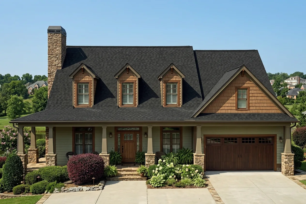 Craftsman home with Brown roof -- CertainTeed Landmark Pro Max Def Black Walnut (front)