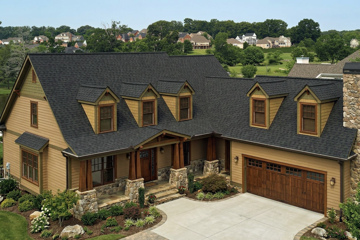 Craftsman home with Brown roof -- CertainTeed Landmark Pro Max Def Black Walnut (right-34)
