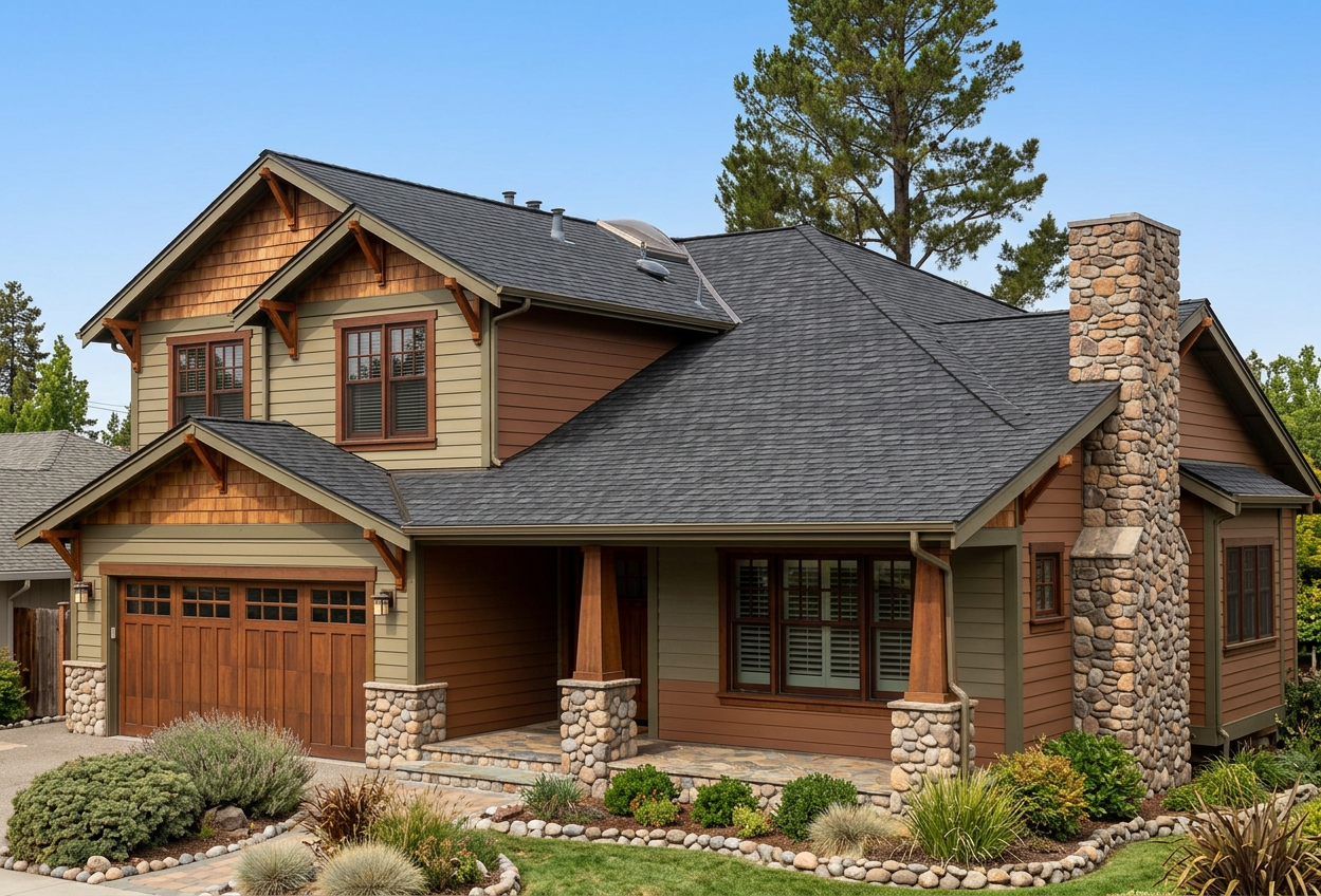 Craftsman home with Charcoal roof -- CertainTeed Grand Manor Black Pearl (right-34)