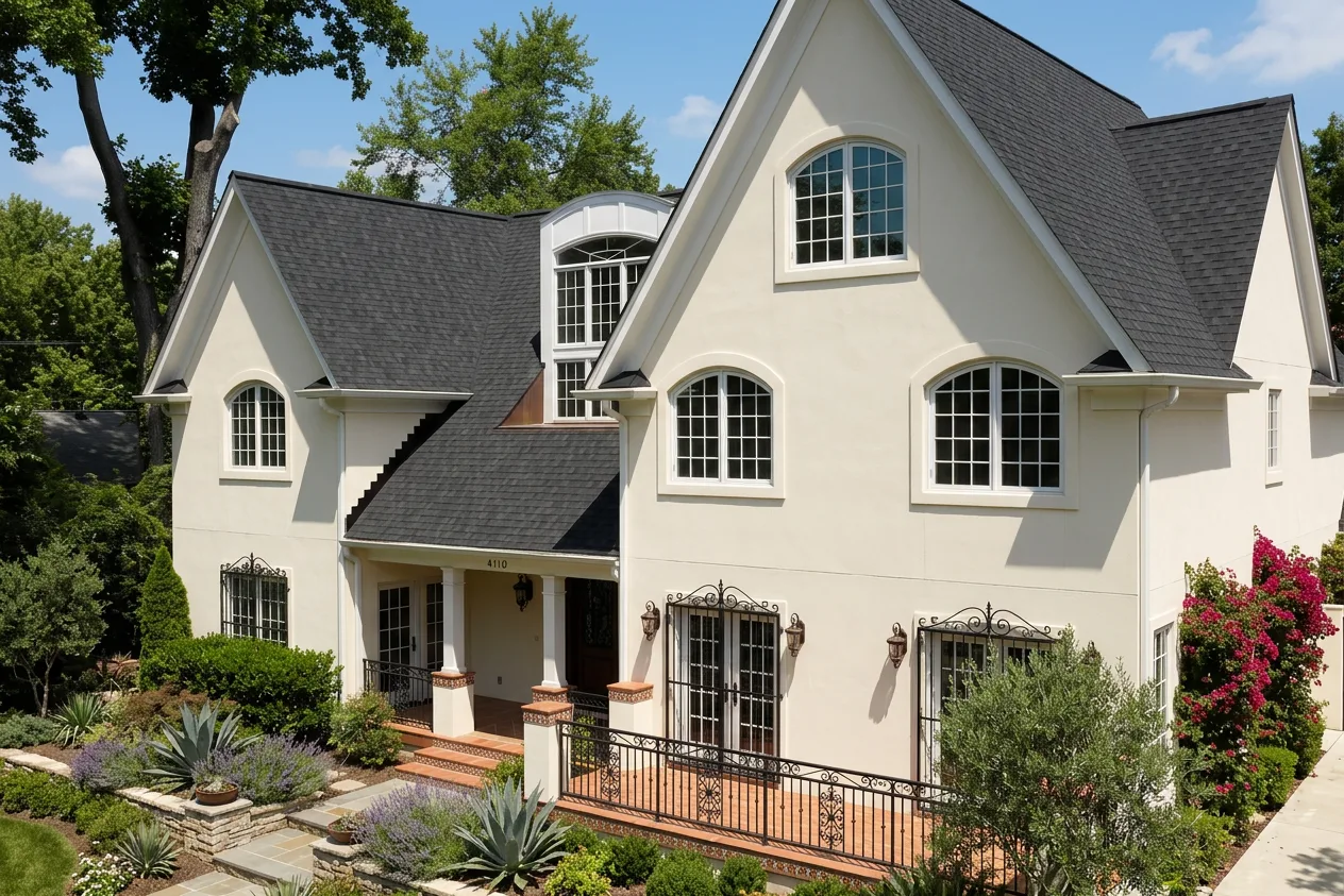 Mediterranean home with Black roof -- CertainTeed Landmark Charcoal Black (right-34)