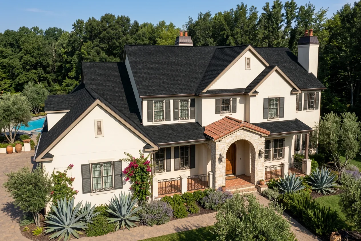 Mediterranean home with Black roof -- IKO Dynasty Granite Black (left-34)