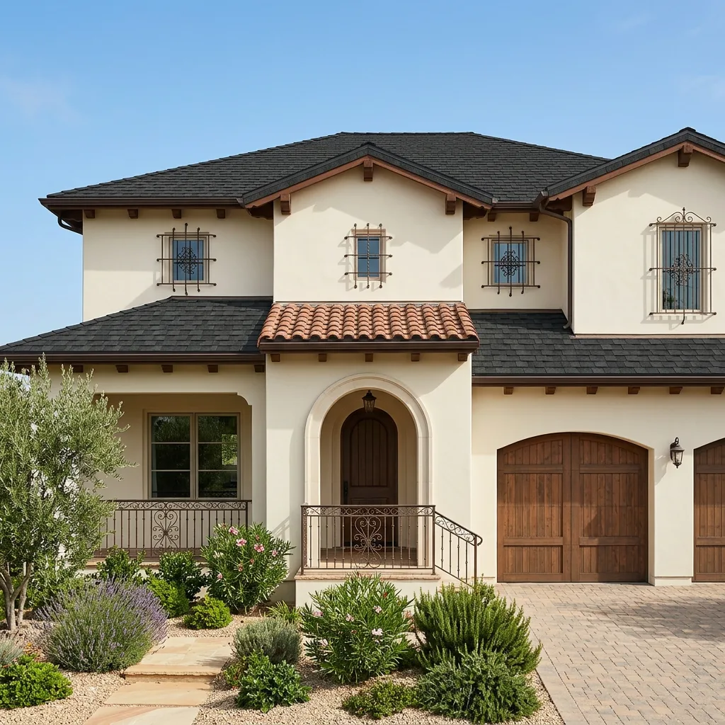 Mediterranean home with Black roof -- IKO Royal Estate Shadow Slate (front)