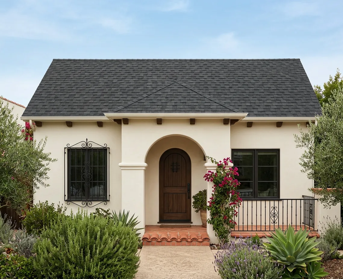 Mediterranean home with charcoal roof