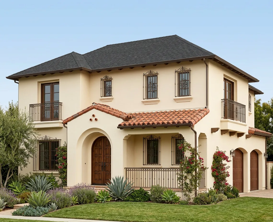 Mediterranean home with Charcoal roof -- Atlas Pinnacle Pristine BLACK SHADOW (right-34)