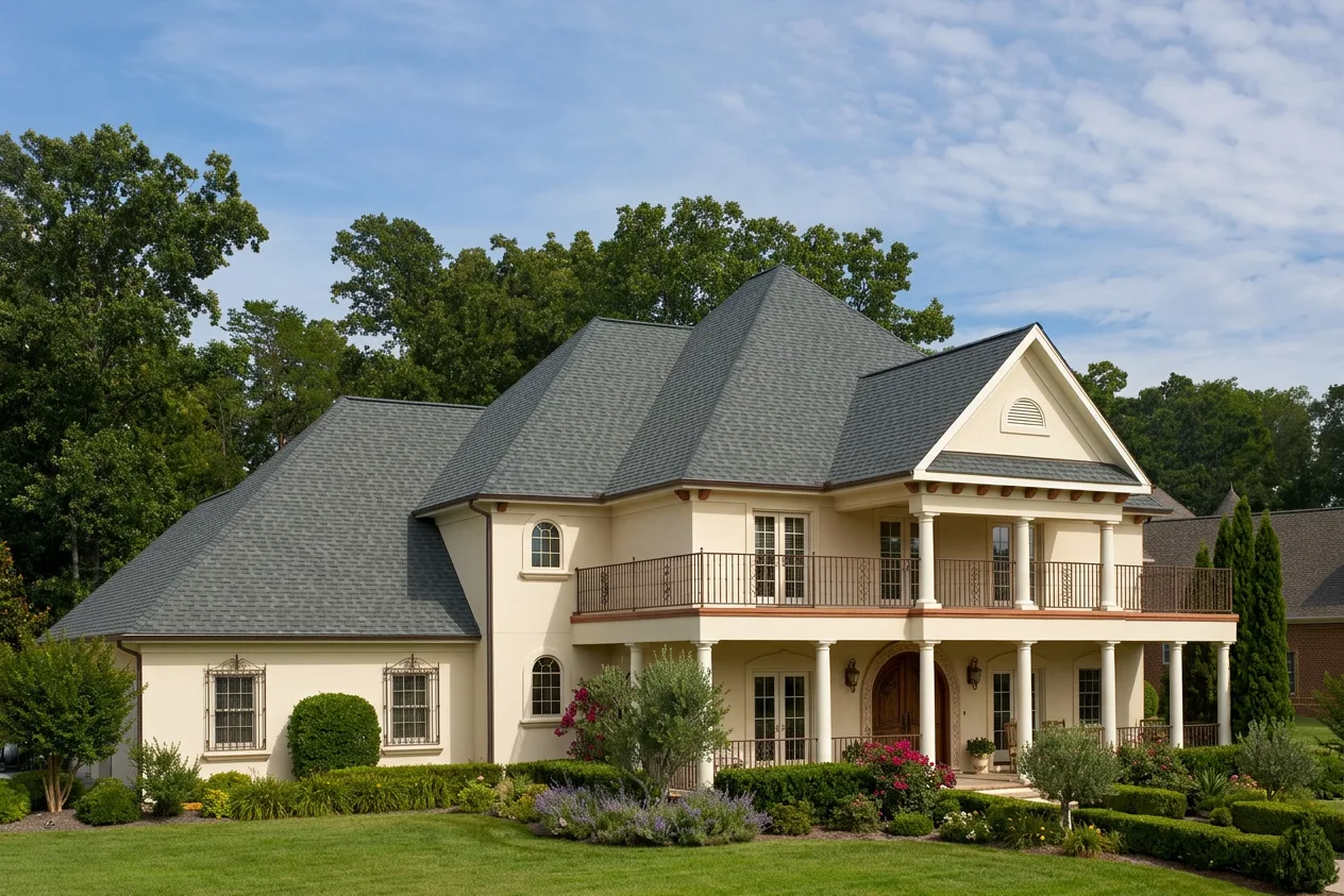 Mediterranean home with Charcoal roof -- CertainTeed Landmark Colonial Slate (front)