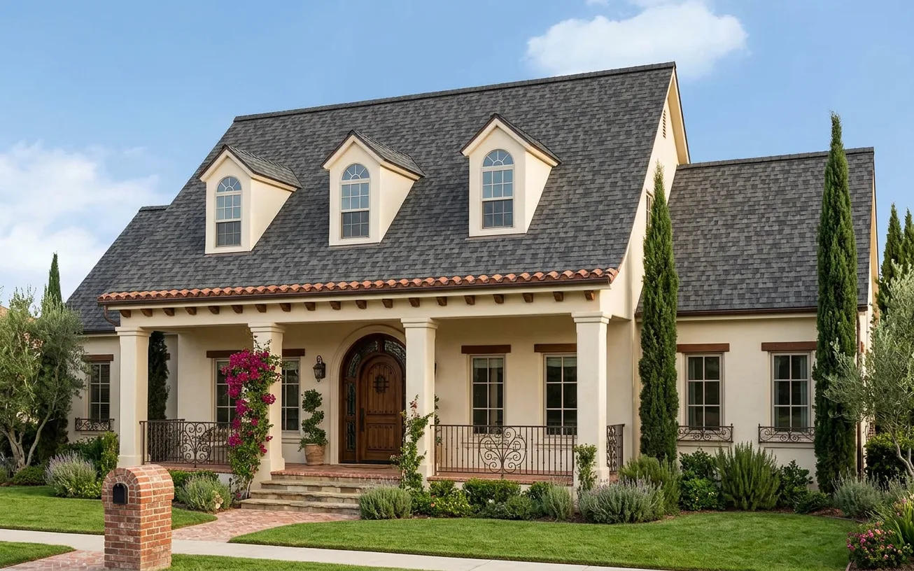 Mediterranean home with Charcoal roof -- Owens Corning Duration Midnight Plum (right-34)