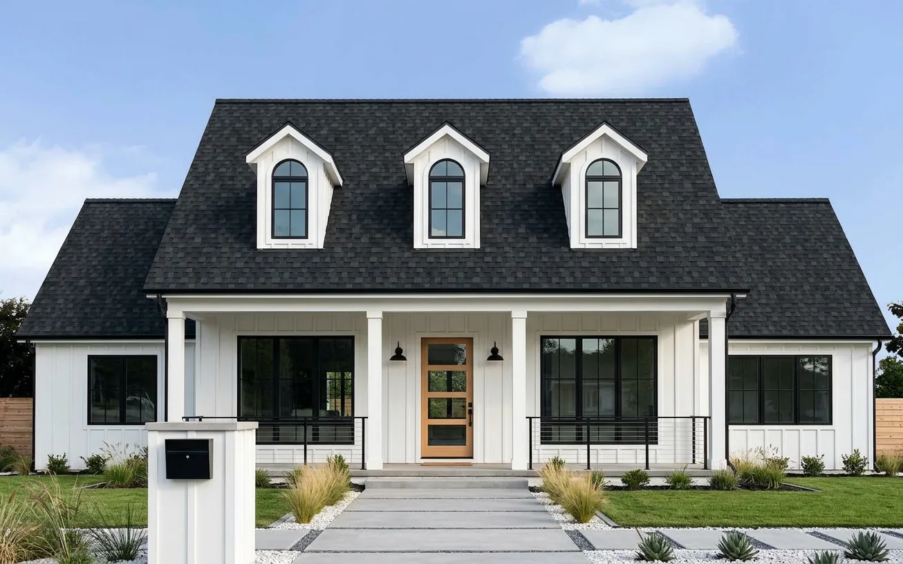 Modern Farmhouse home with Black roof -- Owens Corning Duration Onyx Black (front)