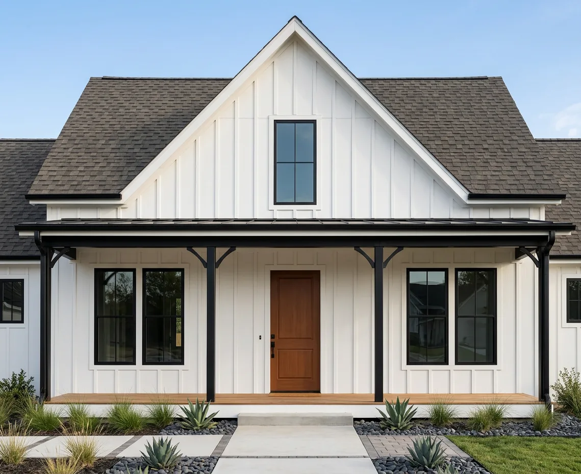 Modern Farmhouse home with brown roof