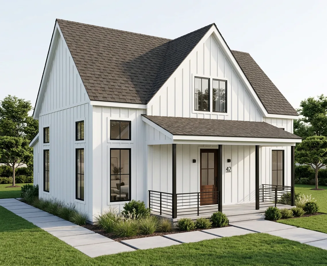 Modern Farmhouse home with Brown roof -- Atlas Pinnacle Pristine HEATHERBLEND (left-34)