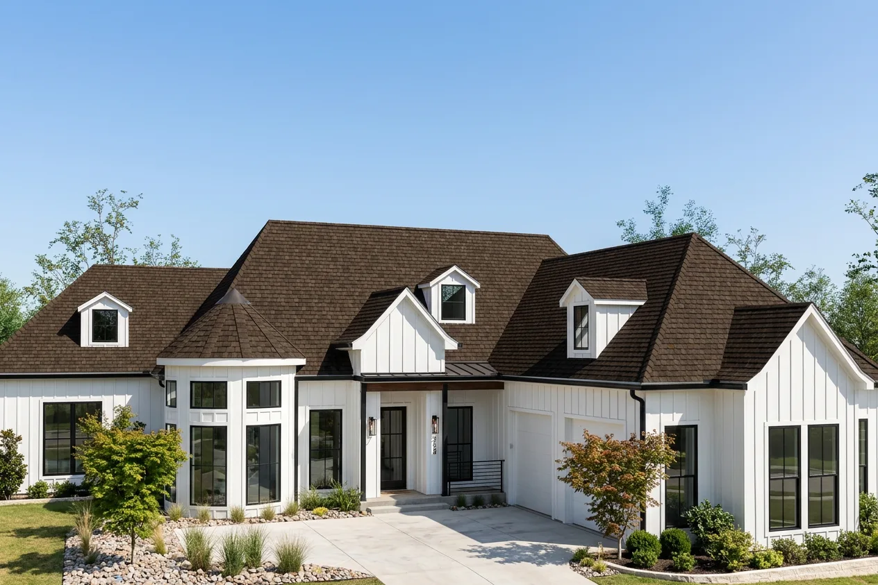 Modern Farmhouse home with Brown roof -- CertainTeed Grand Manor Chestnut (front)