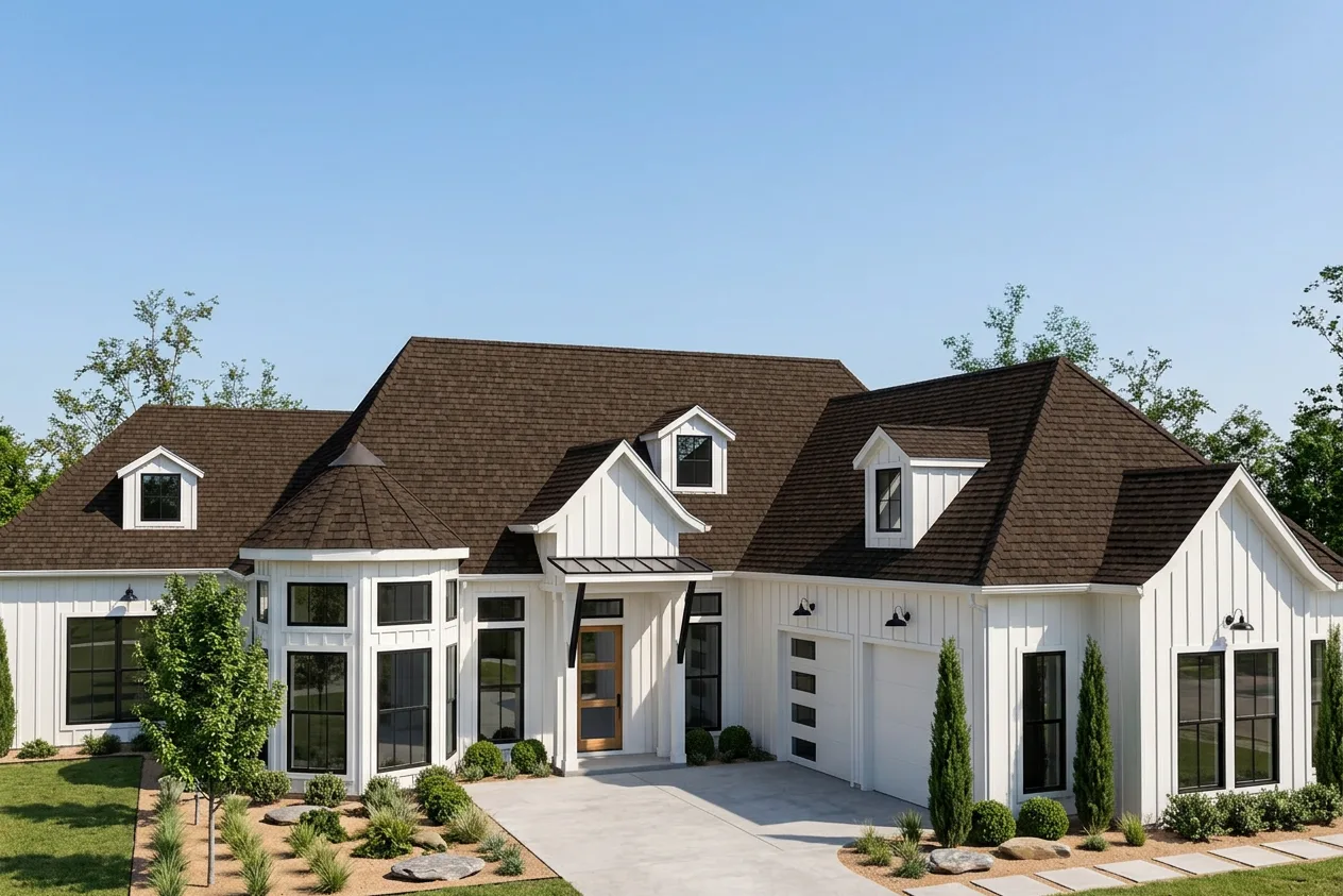 Modern Farmhouse home with Brown roof -- CertainTeed Grand Manor Chestnut (left-34)